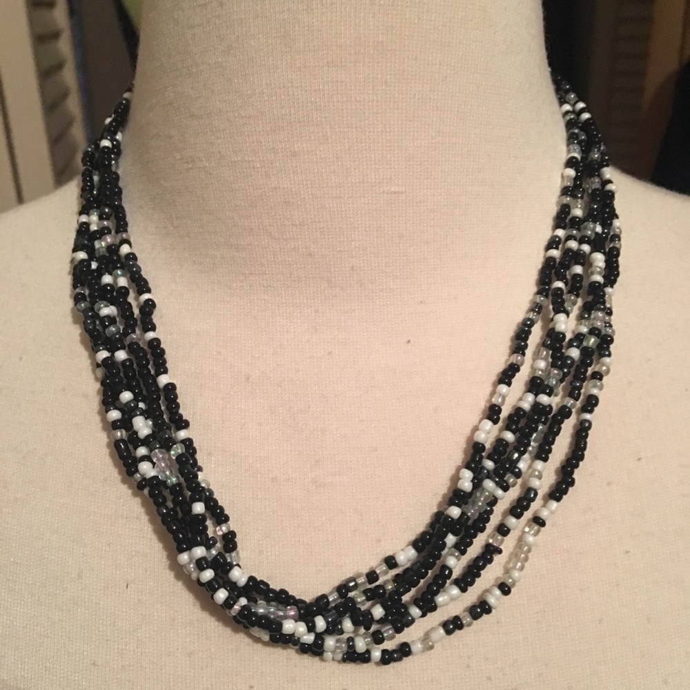 Beaded Multi Strand Black and White Necklace